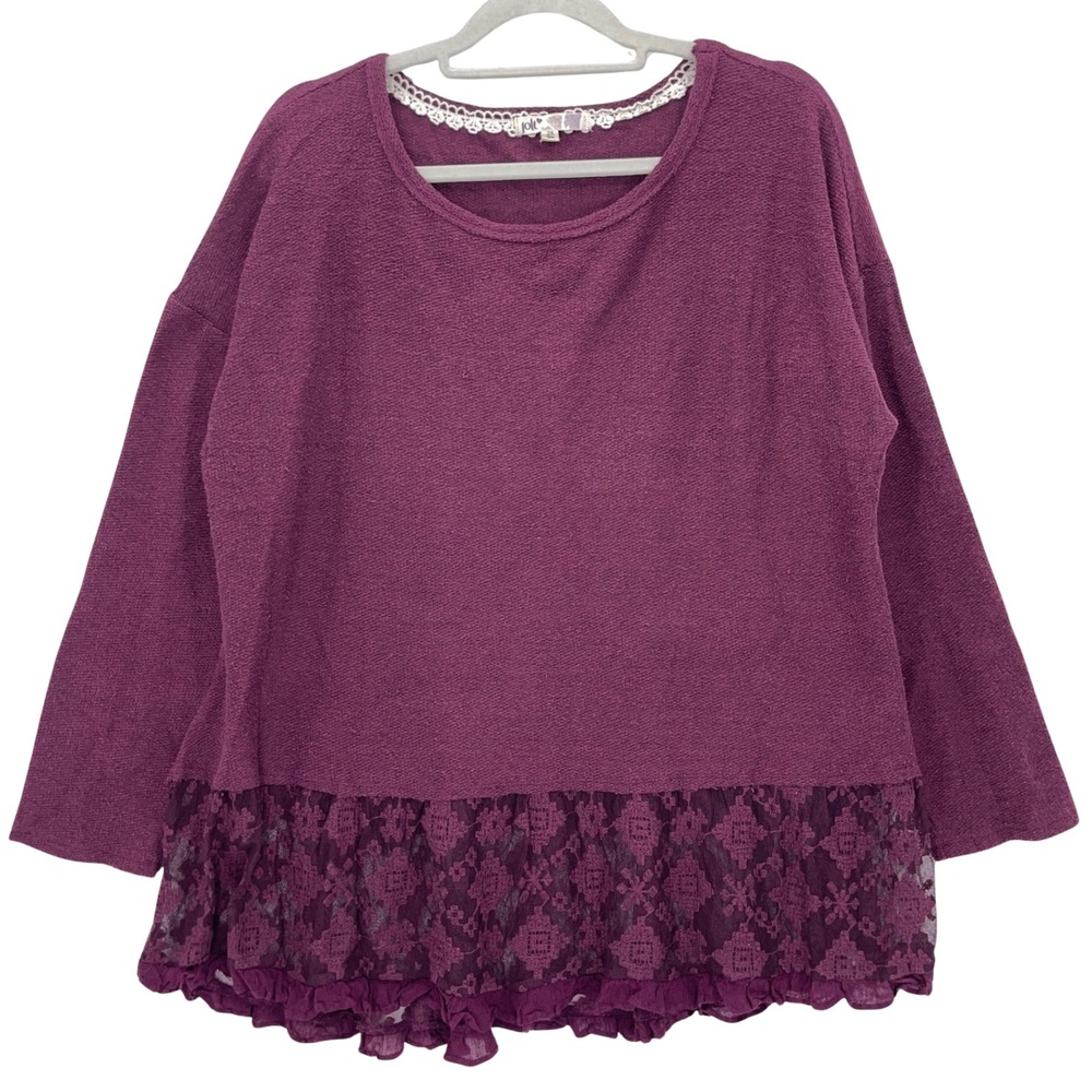 Jolt Purple Lace Hem Long Sleeve Top 2X Textured Knit Plus Curvy